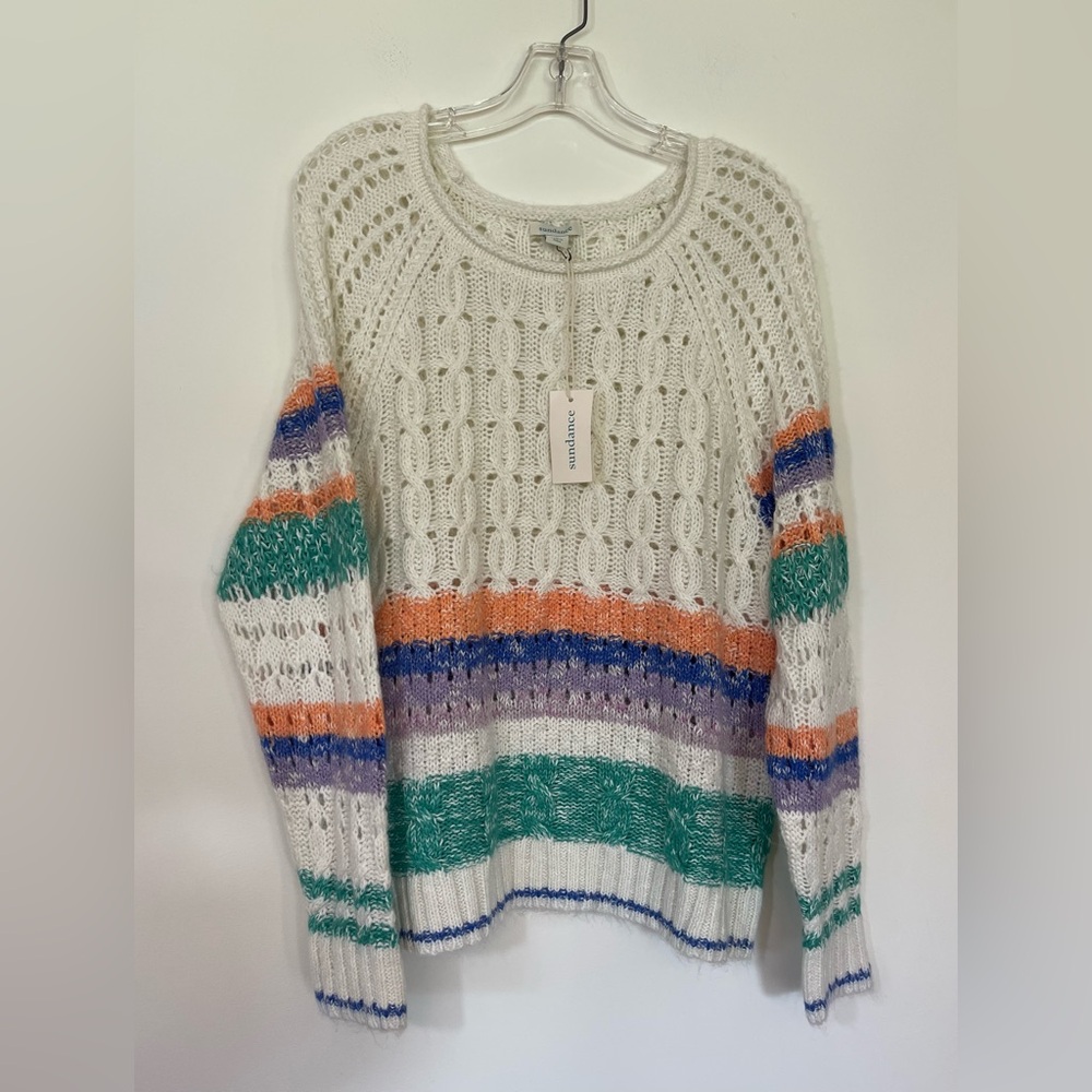 NWT Sundance Sweater Large Cotton wool Cream stripes Cable knit Catalog spring - Picture 2 of 12